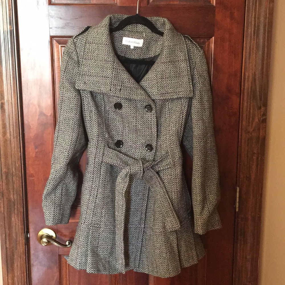 Calvin Klein Double Breasted Plaid Wool Coat